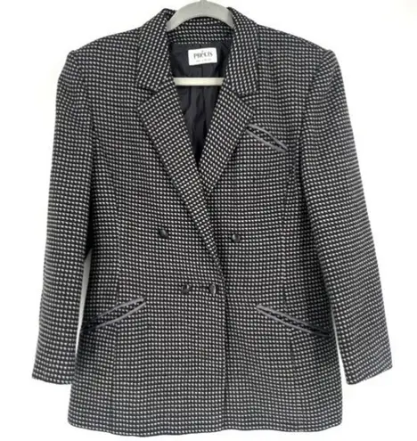 Vintage Precis Women's Houndstooth Double Breasted Blazer Jacket Black White 12