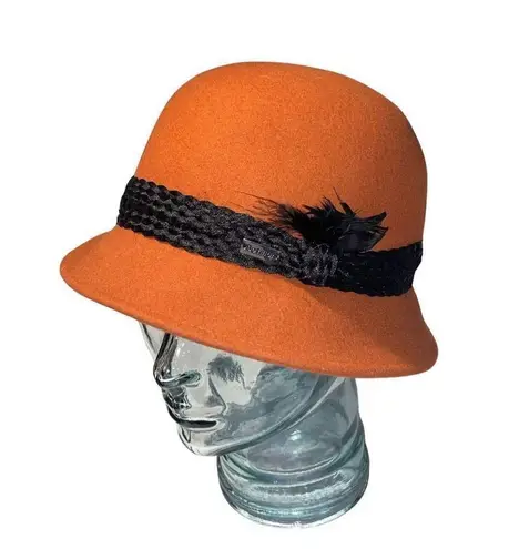 New Rust Betmar Tegan Wool Felt Cloche Hat Fedora Black Feathered Trim Accessory Orange