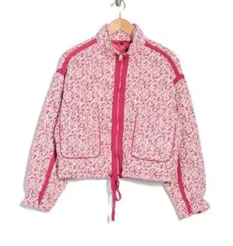 BLANKNYC Floral Quilted Bomber Jacket Pink White Burgundy Women's XL Drawstring