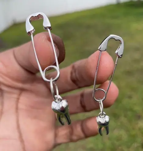 Handmade Unique Elegant Punk Gothic Style Tooth Safety Pin Design Hoop Earrings, Boho