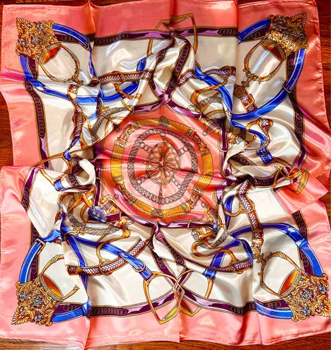 Vintage Equestrian PINK PEACH Royal Crown print oversized silky Scarf 35/35