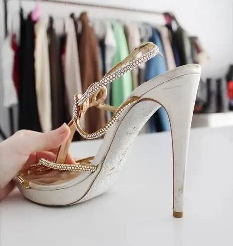 Rene Caovilla Vintage Satin Leather Crystal Embellished Stiletto Heels Size 38.5