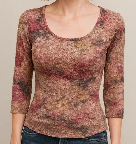 STAR CCC 90s Lace Floral Print 3/4 Sleeve Scoop Neck Top Small Fairy Slims Brown Size undefined