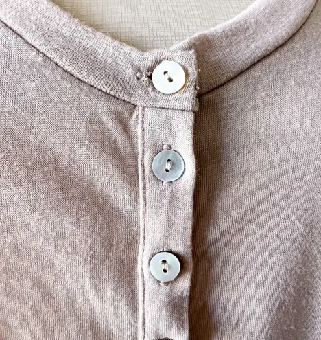 ANGL Taupe Henley Half Button Up Scoop Neck Long Sleeve Top