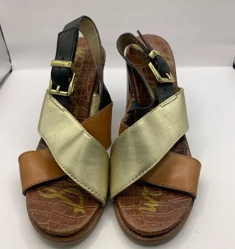 Sam Edelman  Ivy Color Block Strappy Gold Brown Chunky Heel Sandal Women’s Sz 6M
