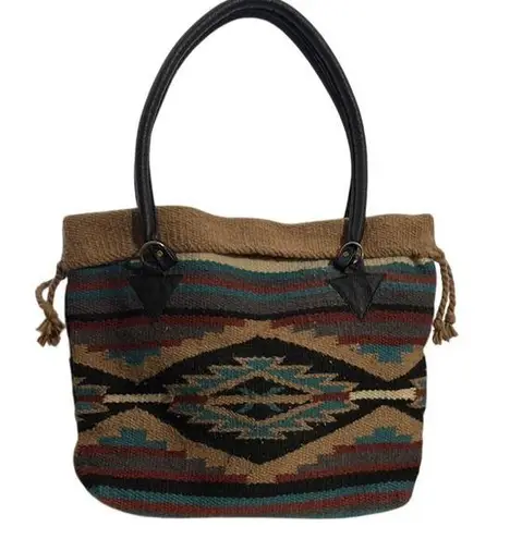 Woven Aztec Southwestern Tote Bag Purse Leather Handles Boho Chic Brown