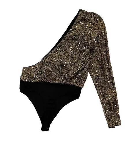 Revolve  H:ours Gold Sequin One Shoulder Long SleeveThong Bodysuit Size S Party