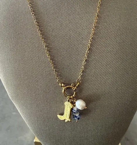 Cowboy Boot Necklace Pearl Charm Pendant Gold Tone Flower Ceramic