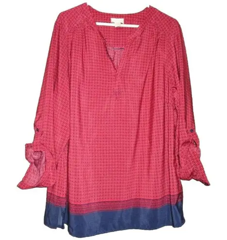 Lucy & Laurel Tunic Top 3X Womans Blouse Red Navy Fisherman Roll Tab Sleeve - Image 1