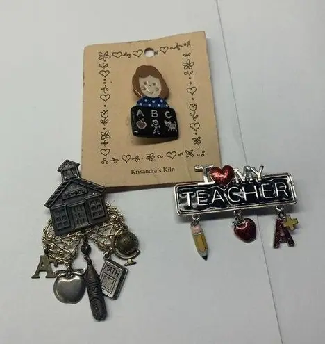 Lot Of 3 Brooch Pins ABC, School, I ❤️ Heart My Teacher