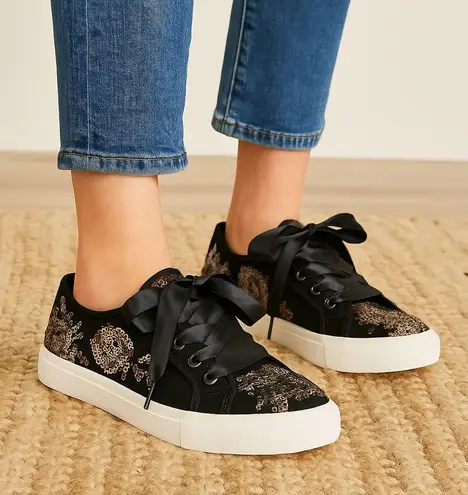 Kaari Blue NEW Black Haven Sequin Ribbon Lace Sneakers Women’s Size 10