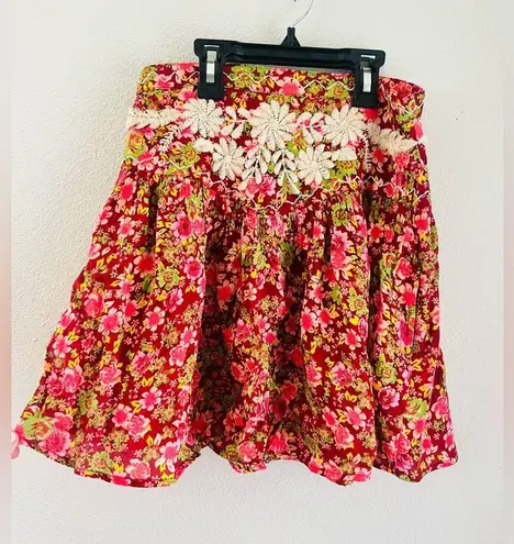 Free People  co-ord set Nyomi Embroidered Floral Mini Skirt Crop Top Red pink