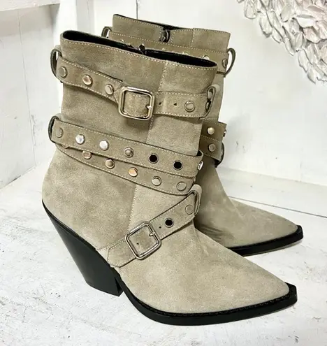 IRO Bonobal Buckled Suede Pointed Stacked Heel Ankle Boots Gray Women's 40 / 9.5