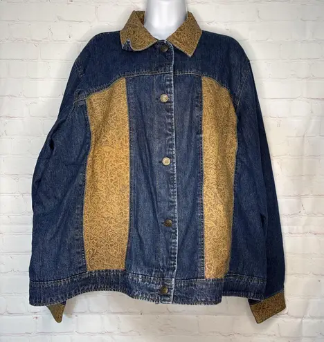 Coldwater Creek 3X Denim Jacket Blue Gold Paisley Faux Leather Trim Western Boho