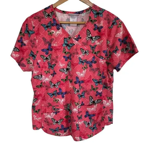 Scrubstar womens M short sleeve v-neck pullover pink with butterflies scrub top