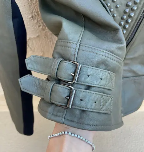 Nour Hammour Erin army green studded leather Biker jacket size FR 36 US 2 4 XS S