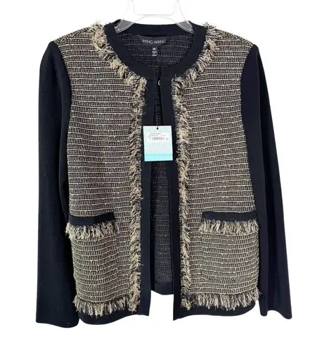 Ming Wang NWT Metallic Tweed Knit Fringe Blazer Jacket Black and Gold Size XS