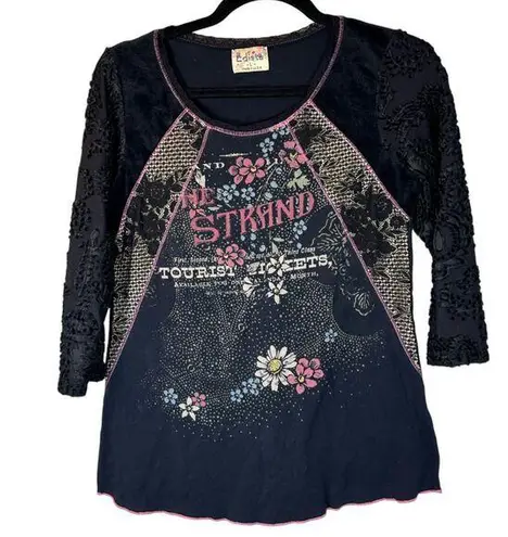 Edista Floral Lace Mixed Fabric Velvet Burnout Long Sleeve Graphic Blouse Large Black