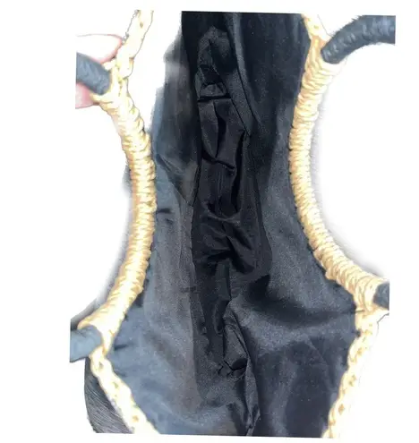 Handmade Unbranded Savanna Weave Styled Woven Bag w/ Black Trim Pom-Poms and Ribbon