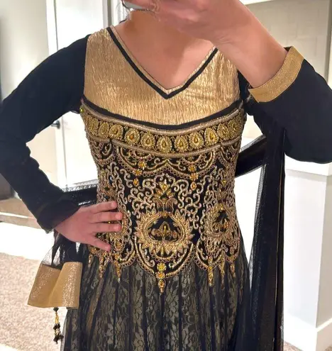 Embroidered party wear Indian long gown anarkali kurta 3 piece set Black