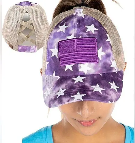 NWT American Flag Criss Cross Ponytail Hat Tie Dye Purple Star Print