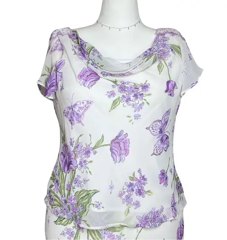Vintage 90s Y2K White Purple Floral Butterfly Fairycore Top Large Easter Pastel