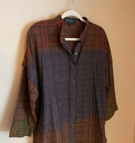 Hilton Hollis purple orange plaid 3/4 sleeve button down mandarin collar top M Size M