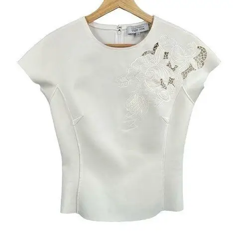 Rickie Freeman Teri Jon Cream Blouse Floral Embroidery Cap Sleeve Scuba 2 White