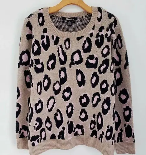 By Design Leopard Print Ivory Rose Knit Crewneck Pullover Sweater Tan Size XL