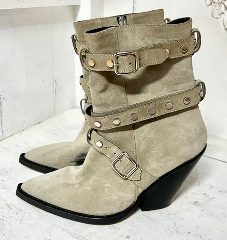 IRO Bonobal Buckled Suede Pointed Stacked Heel Ankle Boots Gray Women's 40 / 9.5