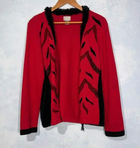 Berek Vintage Red & Black Beaded~Velvet~Fur~Zip Up Cardigan Sweater Large