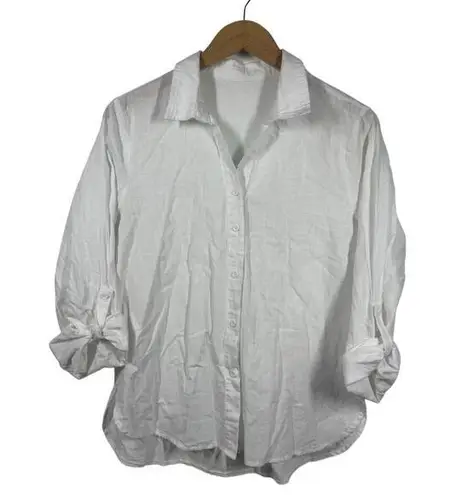 Womens Button Down Top L White Cotton Roll Tab Sleeve Minimal Coastal Grandma Size M