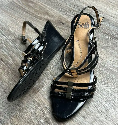Sofft Black Strappy Leather Wedge Sandals Size 10 Medium