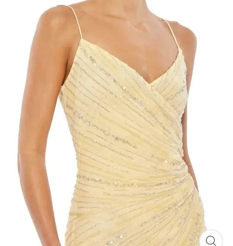 Mac Duggal Butter Yellow Gown Beaded Faux Wrap Size 14 Pastel Wedding Prom Gala