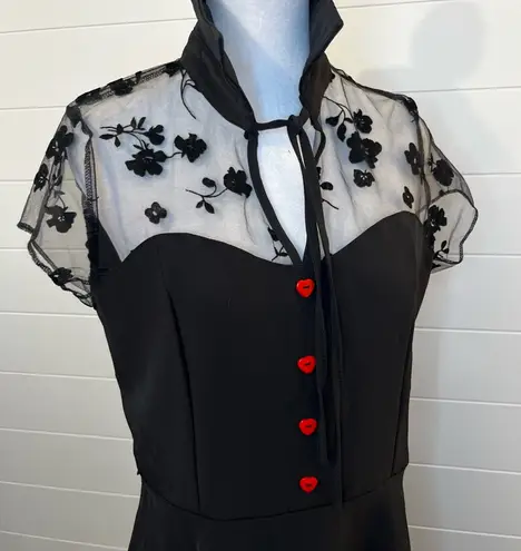 Black Dress with Sheer Floral Top and Red Buttons XL a WhimsyGoth Victorian