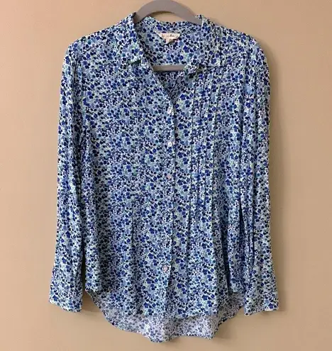 Jane and Delancey Floral Blue Button-Up Women's Top Blouse