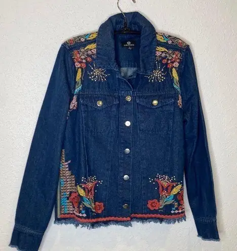 Curations Long Sleeve Button Down Denim Jacket Embroidered Studded EUC Sz M Size M