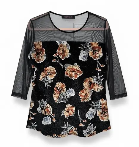 SOPHIA Floral Burnout Velvet & Mesh Top – Black – Size 34 (S/M) – EUC