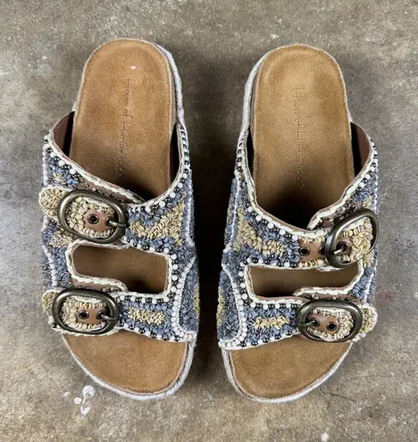 House of Harlow 1960 Women’s 7.5 Beaded Slide Buckle Sandals Rope Espadrille Brown