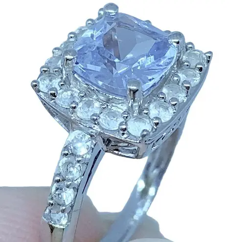 Aquamarine White Sapphire Halo Women's Engagement Ring in Sterling Silver Sz 6