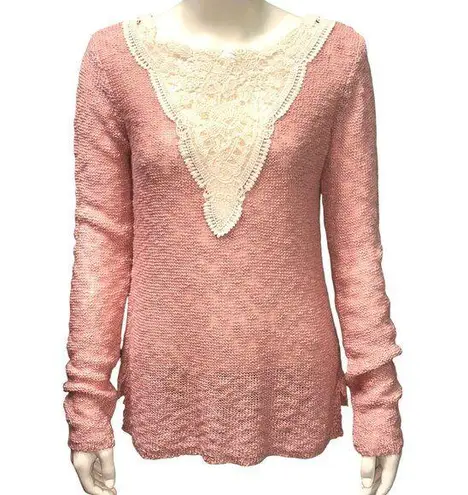 CCC Elegant Modern Vintage Pink Long Sleeve Knit Sweater Lace Detail V Neckline Size undefined