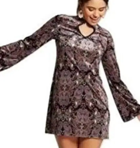 Xhilaration  Black Multi Velvet Paisley Trunpet Sleeve Mini Dress Size Medium