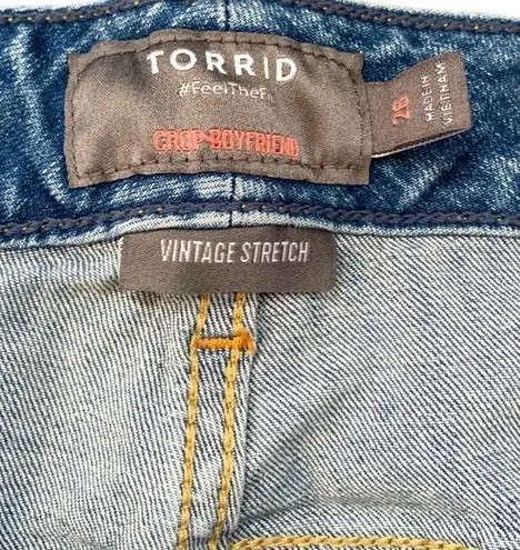 Torrid  Jeans Crop Boyfriend Vintage Stretch Medium Wash Distressed Raw Hem