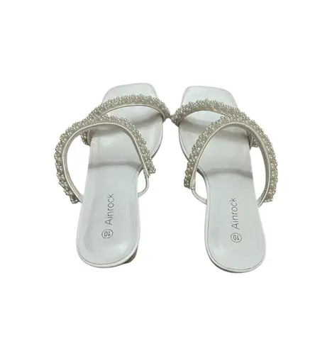 Ainrock White Beaded Pearl Women’s Square Toe Slip On Chunky Block Heel Sandals