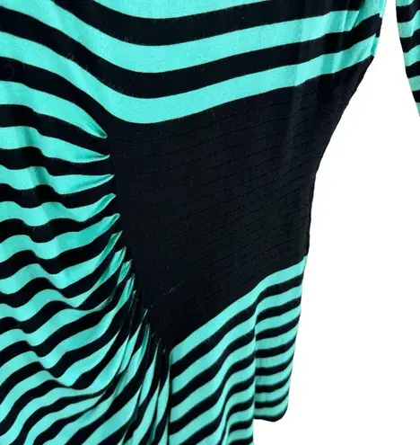 ECI  Green Black Striped 3/4 Sleeve Ruched Asymmetrical Pullover Stretch Top Sz M