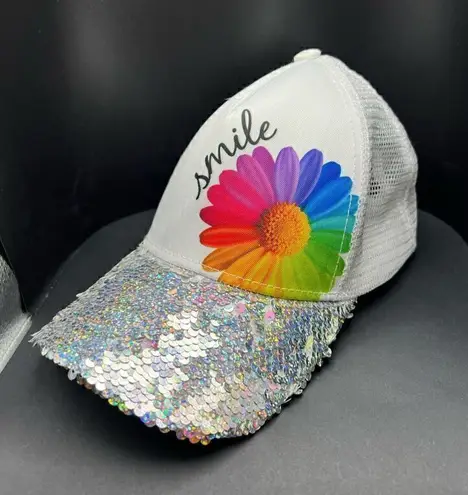 Claire's Flippy Sequin Silver White Rainbow Daisy Hat One Size Fits Most