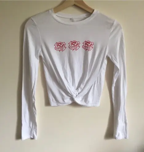 EMPYRE White Red Floral Rose Cropped Knot Front Graphic Long Sleeve Top