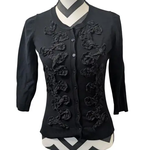 Evie. S Black Silk Blend Cardigan with 3D Rosette Ruffle Embellishments