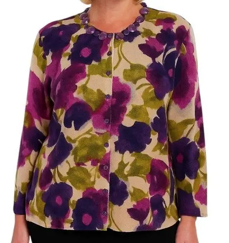 Kenar Purple & Olive Floral Print Cardigan Sweater Size Medium