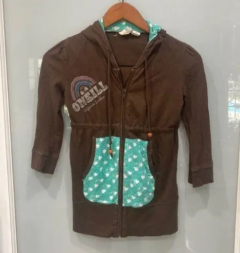 O'Neill  Juniors Brown Turquoise Zip Up Heart Print Bead Hoodie Jacket Sz XS